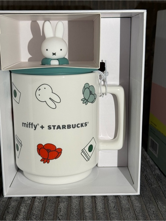 Starbucks x miffy White Mug with Teal Lid and Red Floral Accent